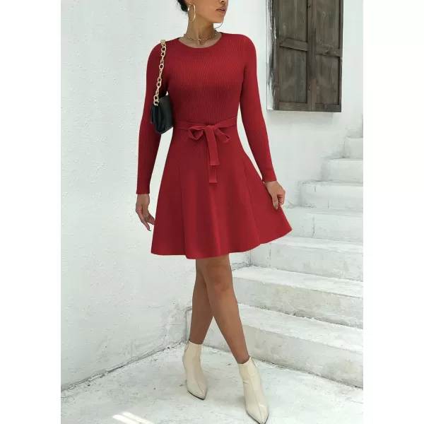 HOTOUCH Womens Fall Winter Casual Dress Crewneck Long Sleeve ALine Sweater Dress Bodycon Ribbed Knit Dress with BeltDark Red