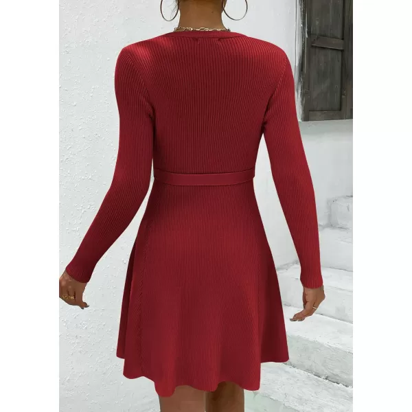 HOTOUCH Womens Fall Winter Casual Dress Crewneck Long Sleeve ALine Sweater Dress Bodycon Ribbed Knit Dress with BeltDark Red