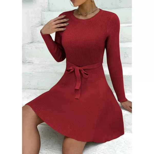 HOTOUCH Womens Fall Winter Casual Dress Crewneck Long Sleeve ALine Sweater Dress Bodycon Ribbed Knit Dress with BeltDark Red