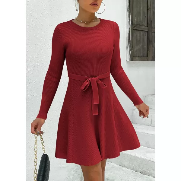 HOTOUCH Womens Fall Winter Casual Dress Crewneck Long Sleeve ALine Sweater Dress Bodycon Ribbed Knit Dress with BeltDark Red