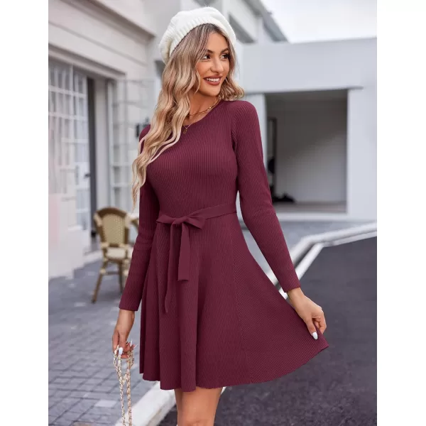 HOTOUCH Womens Fall Winter Casual Dress Crewneck Long Sleeve ALine Sweater Dress Bodycon Ribbed Knit Dress with BeltDeep Red