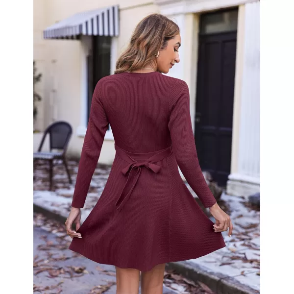 HOTOUCH Womens Fall Winter Casual Dress Crewneck Long Sleeve ALine Sweater Dress Bodycon Ribbed Knit Dress with BeltDeep Red