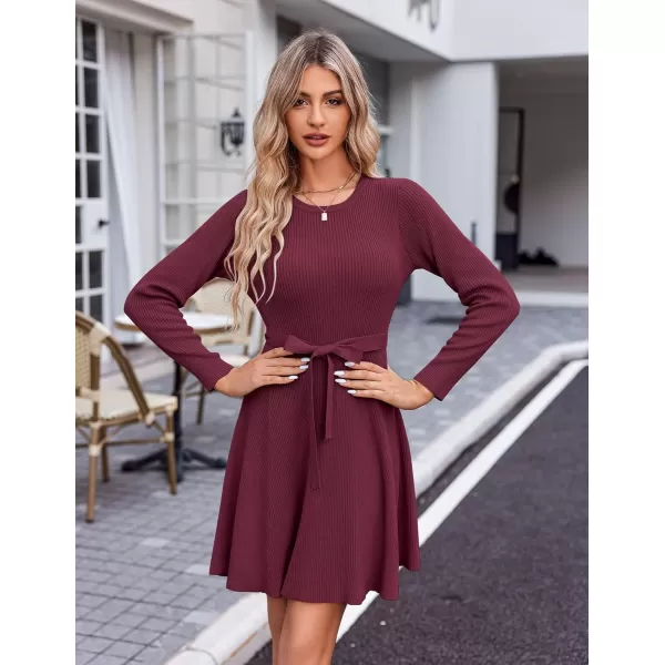 HOTOUCH Womens Fall Winter Casual Dress Crewneck Long Sleeve ALine Sweater Dress Bodycon Ribbed Knit Dress with BeltDeep Red