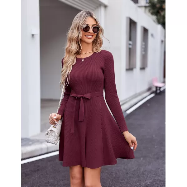 HOTOUCH Womens Fall Winter Casual Dress Crewneck Long Sleeve ALine Sweater Dress Bodycon Ribbed Knit Dress with BeltDeep Red