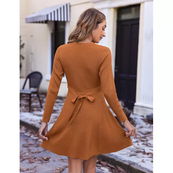 HOTOUCH Womens Fall Winter Casual Dress Crewneck Long Sleeve ALine Sweater Dress Bodycon Ribbed Knit Dress with BeltRust