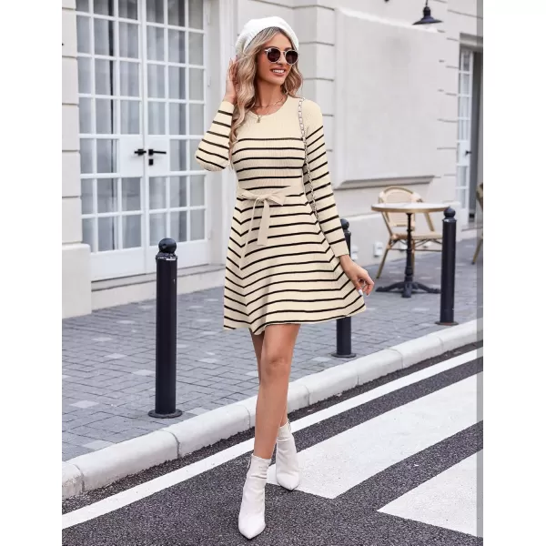 HOTOUCH Womens Fall Winter Casual Dress Crewneck Long Sleeve ALine Sweater Dress Bodycon Ribbed Knit Dress with BeltStriped Apricot Black