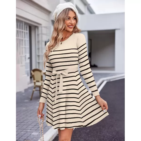 HOTOUCH Womens Fall Winter Casual Dress Crewneck Long Sleeve ALine Sweater Dress Bodycon Ribbed Knit Dress with BeltStriped Apricot Black