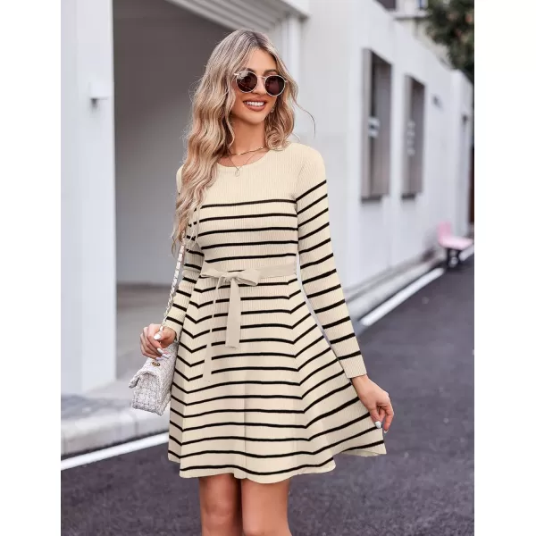 HOTOUCH Womens Fall Winter Casual Dress Crewneck Long Sleeve ALine Sweater Dress Bodycon Ribbed Knit Dress with BeltStriped Apricot Black