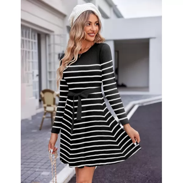 HOTOUCH Womens Fall Winter Casual Dress Crewneck Long Sleeve ALine Sweater Dress Bodycon Ribbed Knit Dress with BeltStriped Black White