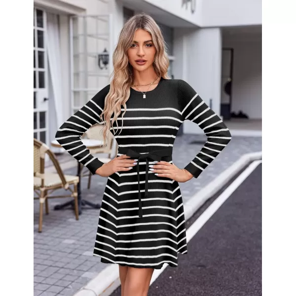 HOTOUCH Womens Fall Winter Casual Dress Crewneck Long Sleeve ALine Sweater Dress Bodycon Ribbed Knit Dress with BeltStriped Black White