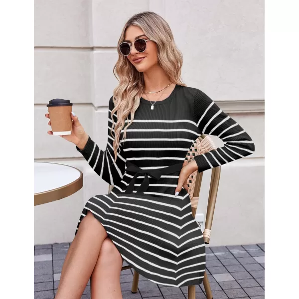 HOTOUCH Womens Fall Winter Casual Dress Crewneck Long Sleeve ALine Sweater Dress Bodycon Ribbed Knit Dress with BeltStriped Black White