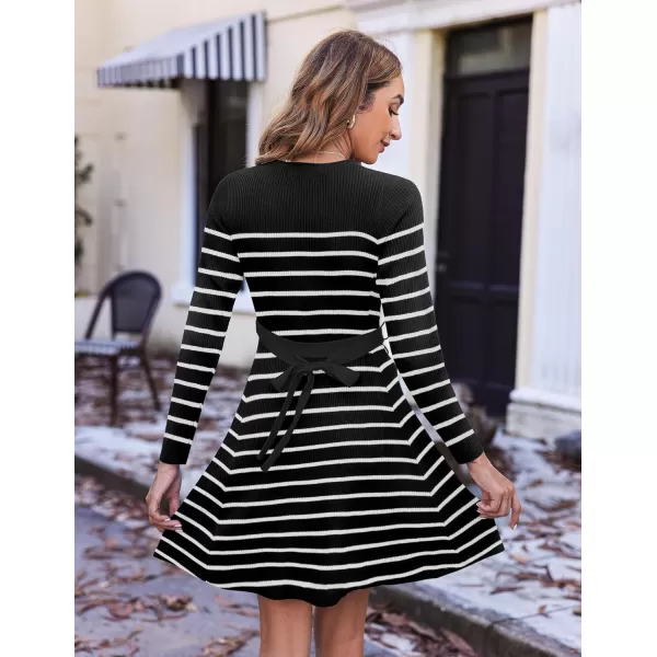 HOTOUCH Womens Fall Winter Casual Dress Crewneck Long Sleeve ALine Sweater Dress Bodycon Ribbed Knit Dress with BeltStriped Black White