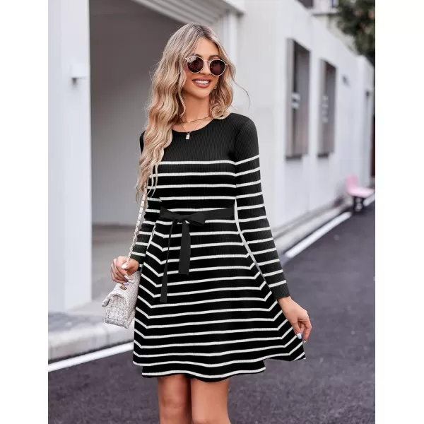 HOTOUCH Womens Fall Winter Casual Dress Crewneck Long Sleeve ALine Sweater Dress Bodycon Ribbed Knit Dress with BeltStriped Black White