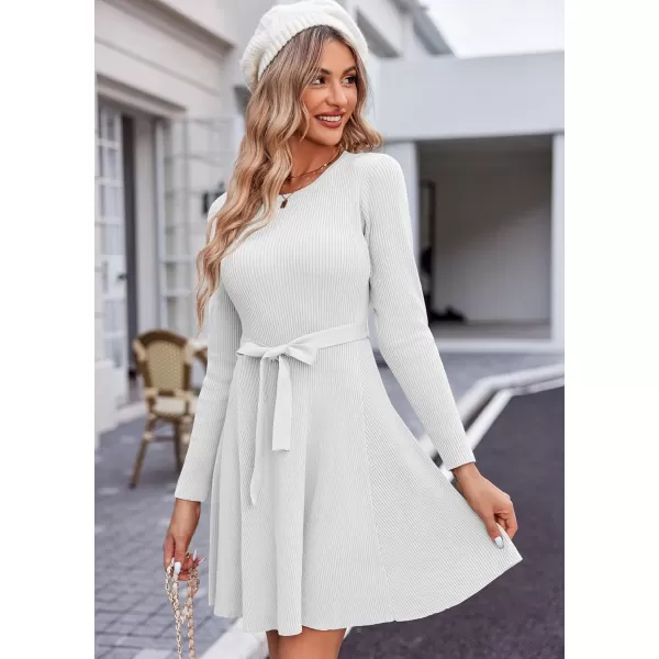 HOTOUCH Womens Fall Winter Casual Dress Crewneck Long Sleeve ALine Sweater Dress Bodycon Ribbed Knit Dress with BeltWhite