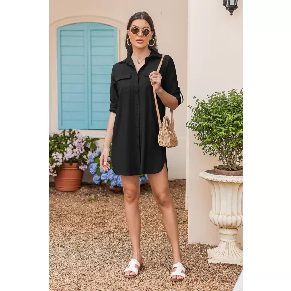 HOTOUCH Womens Oversized Button Down Shirt Dress with Pockets Long Sleeve Cotton Linen Cover Ups Casual Tunic Blouse TopBlack