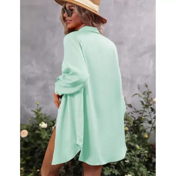 HOTOUCH Womens Oversized Button Down Shirt Dress with Pockets Long Sleeve Cotton Linen Cover Ups Casual Tunic Blouse TopCeladon Green