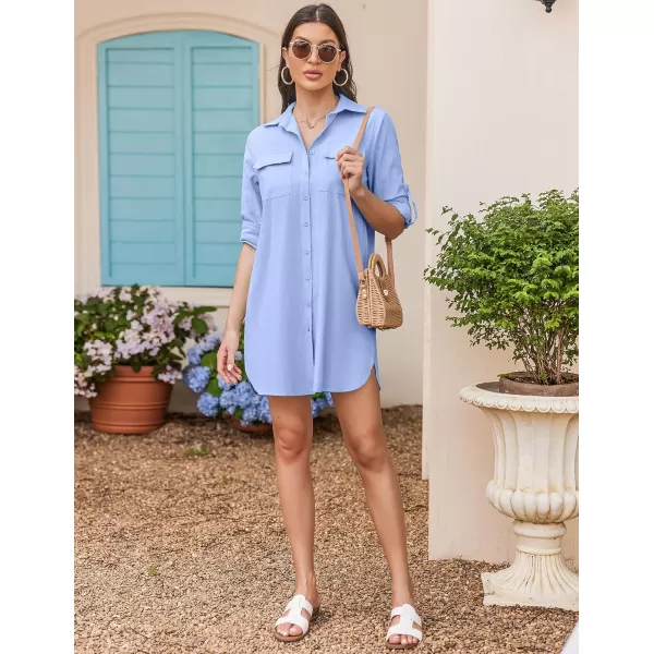 HOTOUCH Womens Oversized Button Down Shirt Dress with Pockets Long Sleeve Cotton Linen Cover Ups Casual Tunic Blouse TopClear Blue