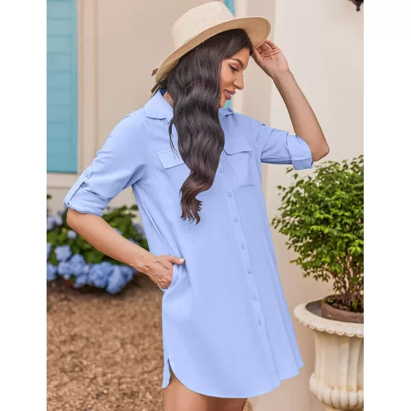 HOTOUCH Womens Oversized Button Down Shirt Dress with Pockets Long Sleeve Cotton Linen Cover Ups Casual Tunic Blouse TopClear Blue