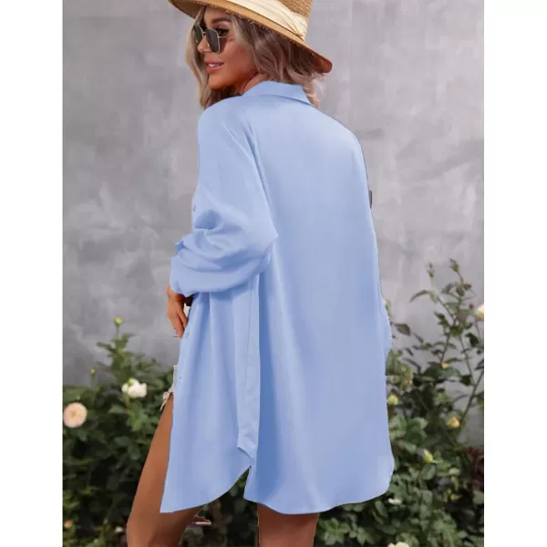 HOTOUCH Womens Oversized Button Down Shirt Dress with Pockets Long Sleeve Cotton Linen Cover Ups Casual Tunic Blouse TopClear Blue