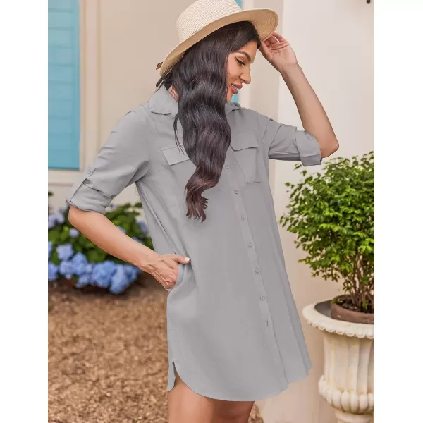 HOTOUCH Womens Oversized Button Down Shirt Dress with Pockets Long Sleeve Cotton Linen Cover Ups Casual Tunic Blouse TopLight Grey