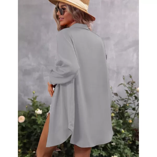 HOTOUCH Womens Oversized Button Down Shirt Dress with Pockets Long Sleeve Cotton Linen Cover Ups Casual Tunic Blouse TopLight Grey