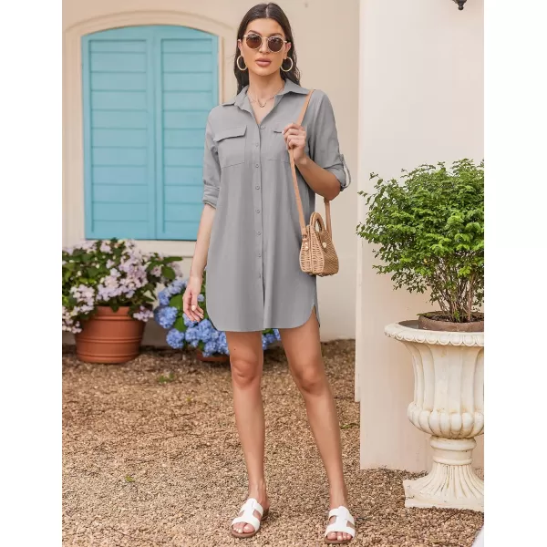 HOTOUCH Womens Oversized Button Down Shirt Dress with Pockets Long Sleeve Cotton Linen Cover Ups Casual Tunic Blouse TopLight Grey