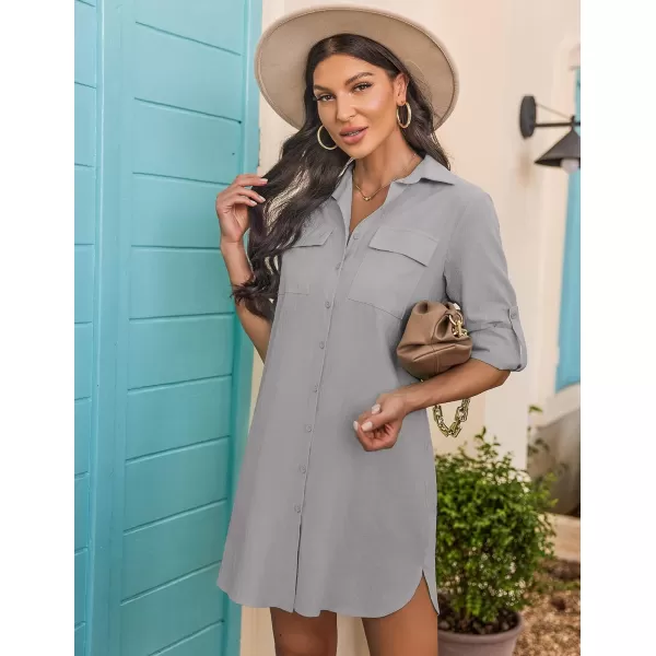 HOTOUCH Womens Oversized Button Down Shirt Dress with Pockets Long Sleeve Cotton Linen Cover Ups Casual Tunic Blouse TopLight Grey