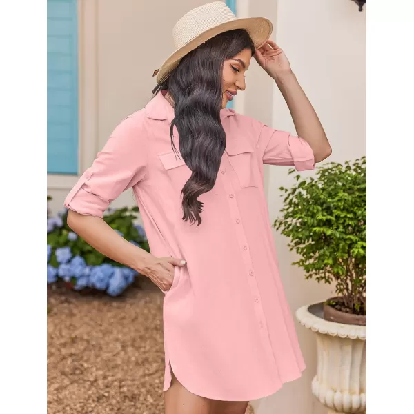 HOTOUCH Womens Oversized Button Down Shirt Dress with Pockets Long Sleeve Cotton Linen Cover Ups Casual Tunic Blouse TopMisty Rose