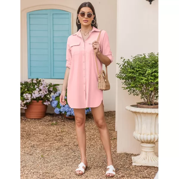 HOTOUCH Womens Oversized Button Down Shirt Dress with Pockets Long Sleeve Cotton Linen Cover Ups Casual Tunic Blouse TopMisty Rose