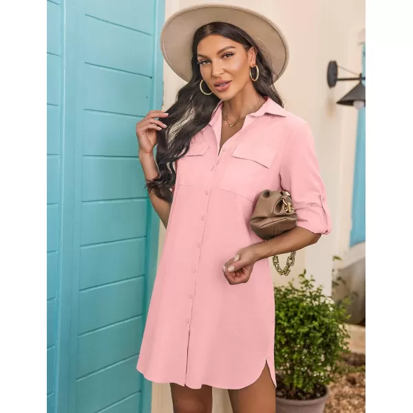 HOTOUCH Womens Oversized Button Down Shirt Dress with Pockets Long Sleeve Cotton Linen Cover Ups Casual Tunic Blouse TopMisty Rose