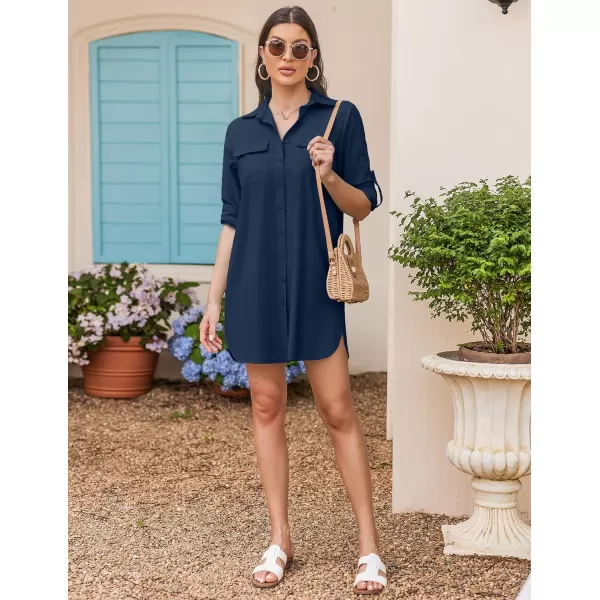 HOTOUCH Womens Oversized Button Down Shirt Dress with Pockets Long Sleeve Cotton Linen Cover Ups Casual Tunic Blouse TopNavy