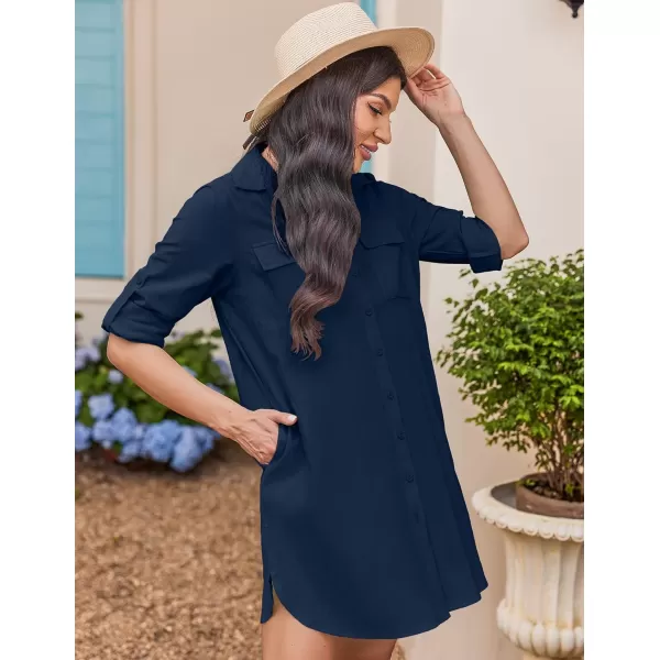 HOTOUCH Womens Oversized Button Down Shirt Dress with Pockets Long Sleeve Cotton Linen Cover Ups Casual Tunic Blouse TopNavy