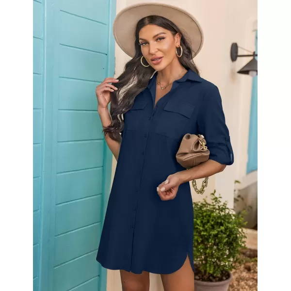 HOTOUCH Womens Oversized Button Down Shirt Dress with Pockets Long Sleeve Cotton Linen Cover Ups Casual Tunic Blouse TopNavy