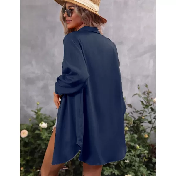 HOTOUCH Womens Oversized Button Down Shirt Dress with Pockets Long Sleeve Cotton Linen Cover Ups Casual Tunic Blouse TopNavy