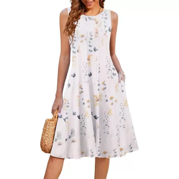 HOTOUCH Summer Casual Dresses for Women Sleeveless Midi Dress Swing Tank Sundress Pleated Tshirt Dress with Pockets02 White Floral