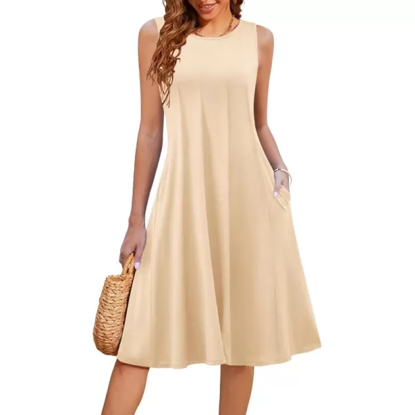 HOTOUCH Summer Casual Dresses for Women Sleeveless Midi Dress Swing Tank Sundress Pleated Tshirt Dress with PocketsBeige