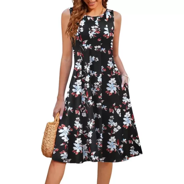 HOTOUCH Summer Casual Dresses for Women Sleeveless Midi Dress Swing Tank Sundress Pleated Tshirt Dress with PocketsBlack Floral