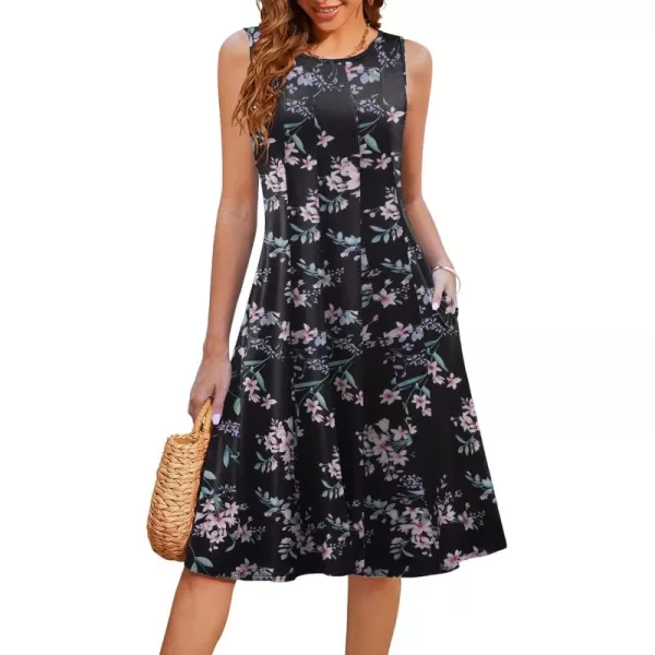 HOTOUCH Summer Casual Dresses for Women Sleeveless Midi Dress Swing Tank Sundress Pleated Tshirt Dress with PocketsBlack Pink Floral