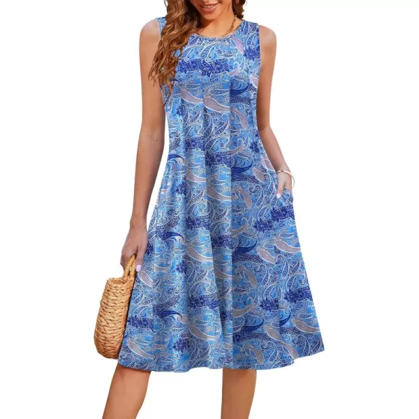 HOTOUCH Summer Casual Dresses for Women Sleeveless Midi Dress Swing Tank Sundress Pleated Tshirt Dress with PocketsCashew Blue Print