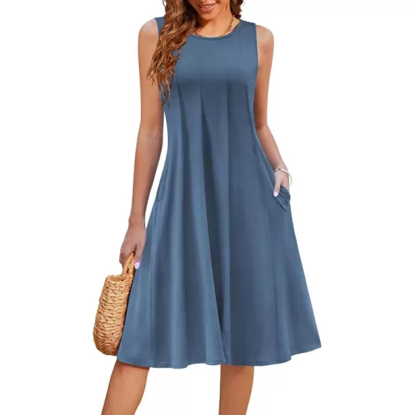 HOTOUCH Summer Casual Dresses for Women Sleeveless Midi Dress Swing Tank Sundress Pleated Tshirt Dress with PocketsDeep Blue