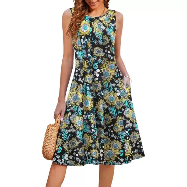 HOTOUCH Summer Casual Dresses for Women Sleeveless Midi Dress Swing Tank Sundress Pleated Tshirt Dress with PocketsDeep Green Floral