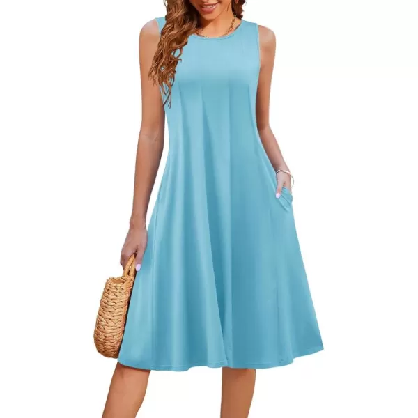 HOTOUCH Summer Casual Dresses for Women Sleeveless Midi Dress Swing Tank Sundress Pleated Tshirt Dress with PocketsLight Blue