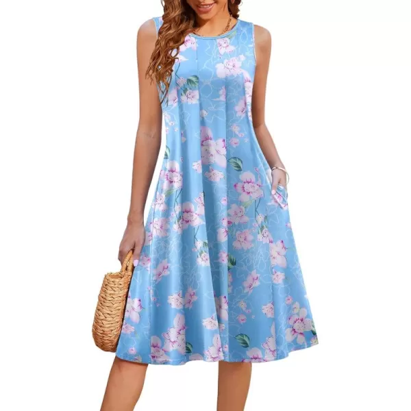 HOTOUCH Summer Casual Dresses for Women Sleeveless Midi Dress Swing Tank Sundress Pleated Tshirt Dress with PocketsLight Blue Floral