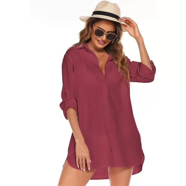 HOTOUCH Women Boyfriend Shirts Button Down Long Sleeve Blouse Cuffed Sleeve Collared ShirtBurgundy