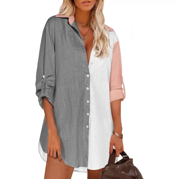 HOTOUCH Women Boyfriend Shirts Button Down Long Sleeve Blouse Cuffed Sleeve Collared ShirtGrey Colorblock