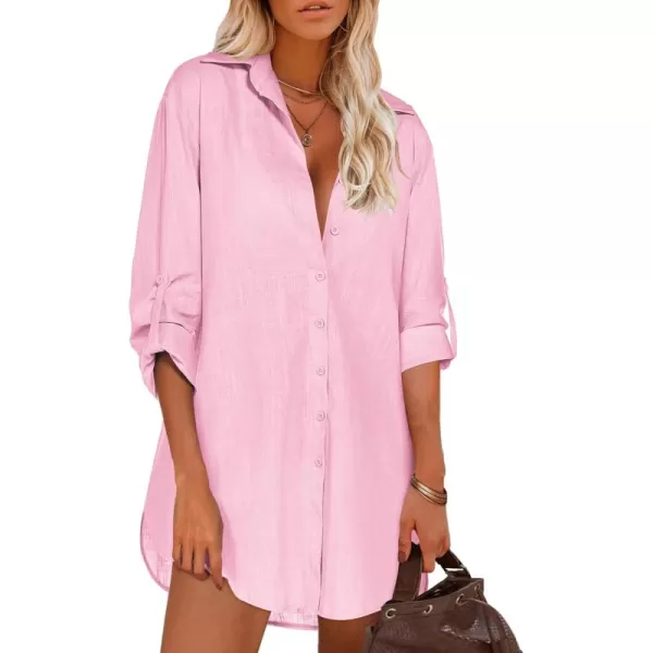 HOTOUCH Women Boyfriend Shirts Button Down Long Sleeve Blouse Cuffed Sleeve Collared ShirtPink