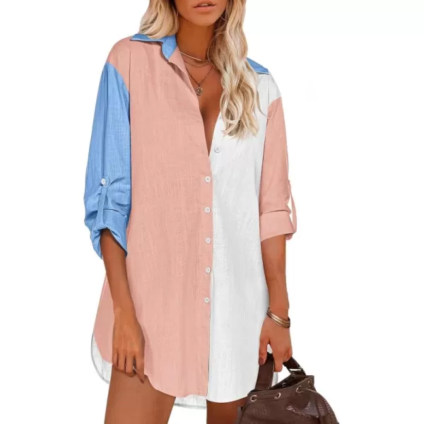 HOTOUCH Women Boyfriend Shirts Button Down Long Sleeve Blouse Cuffed Sleeve Collared ShirtPink Colorblock