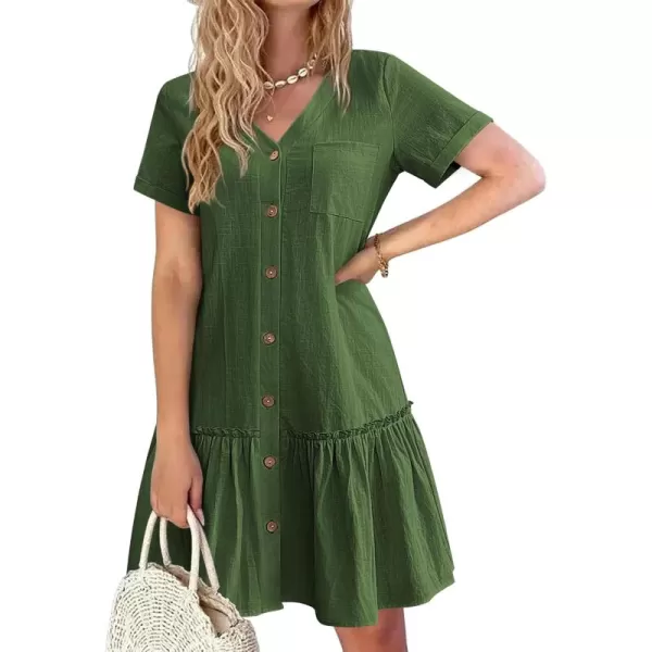 HOTOUCH Women Button Down Dress Loose Summer Cotton Linen Dress Ruffle Hem Casual Dress Short Sleeve Tunic DressAmry Green