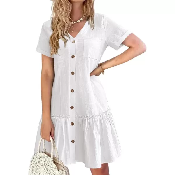 HOTOUCH Women Button Down Dress Loose Summer Cotton Linen Dress Ruffle Hem Casual Dress Short Sleeve Tunic DressAwhite