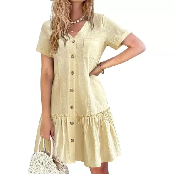 HOTOUCH Women Button Down Dress Loose Summer Cotton Linen Dress Ruffle Hem Casual Dress Short Sleeve Tunic DressBeige